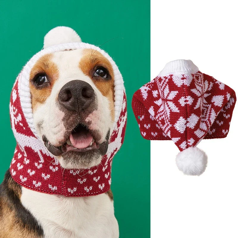 Cosy knitted pet hat with festive elk and snowflake design in various colours and sizes