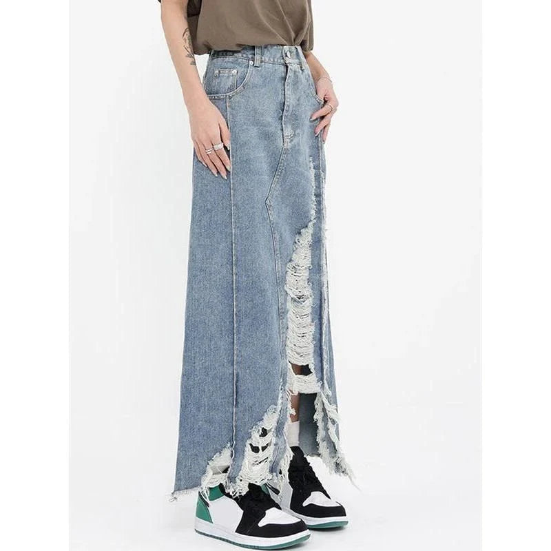 High-waisted denim skirt with unique pattern of holes and irregular burrs, made from premium cotton-polyester blend