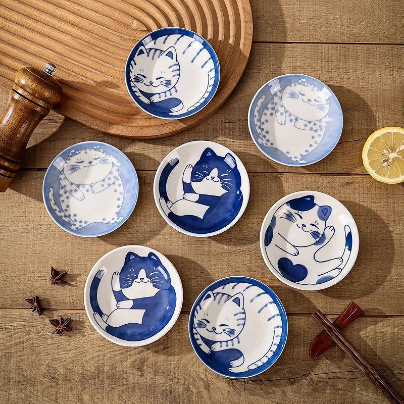 Ceramic Porcelain Dish with Hand-Painted Lucky Cat Design for Serving Sauces, Dips, and Desserts