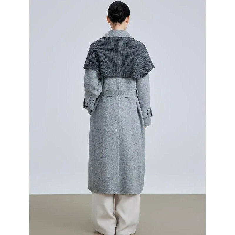 Stylish patchwork woollen blazer with large lapel and belt for a flattering silhouette