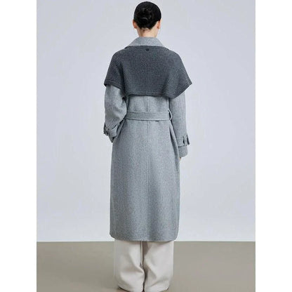 Stylish patchwork woollen blazer with large lapel and belt for a flattering silhouette