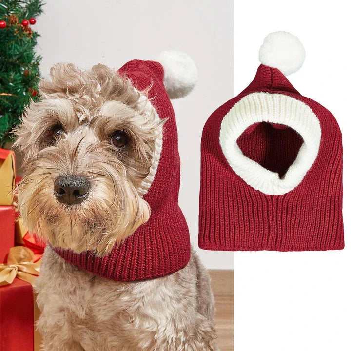 Cosy knitted pet hat with festive elk and snowflake design in various colours and sizes