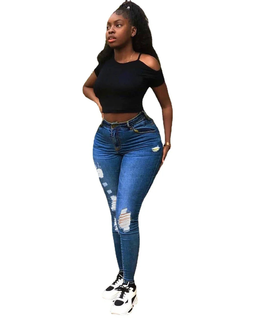 Stylish and versatile denim jeans with a fashionable distressed design, perfect for Kiwi students