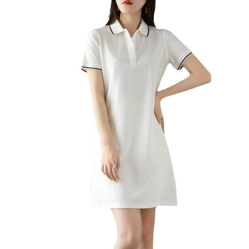 Stylish Kiwi Chic Mid-Length Polo Collar Dress in White, Black, Pink, and Navy Blue colors