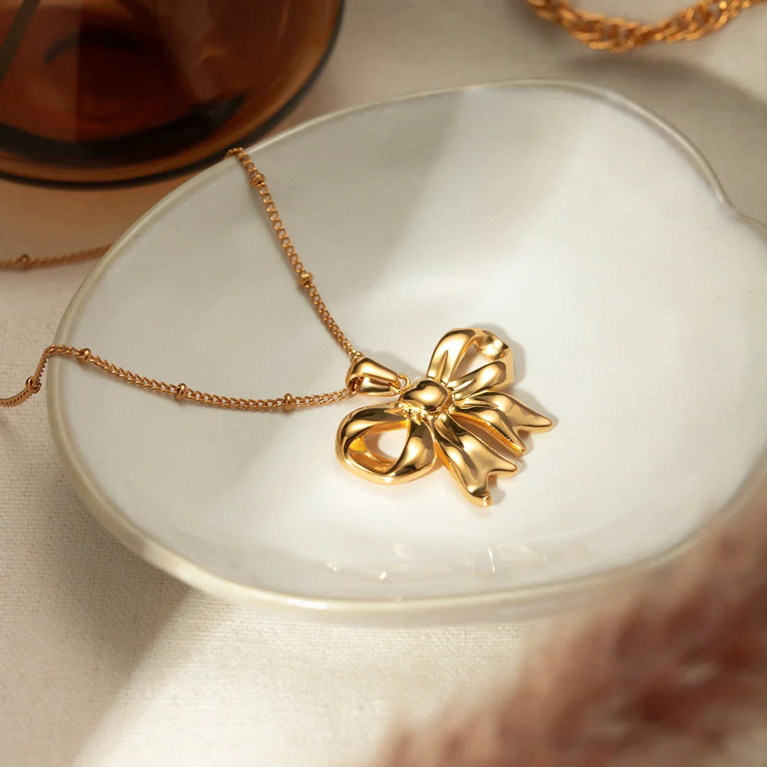 18K Gold-Plated Stainless Steel Bowknot Pendant Necklace with Sparkling Zircon Accent