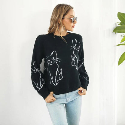 Relaxed-fit women's pullover sweater with cozy cat brocade pattern, perfect for autumn and winter in New Zealand