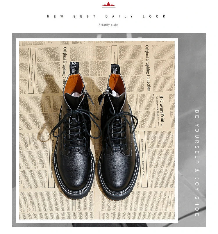 Stylish women's platform locomotive boots with leather upper and rubber sole, in black and cotton black colors