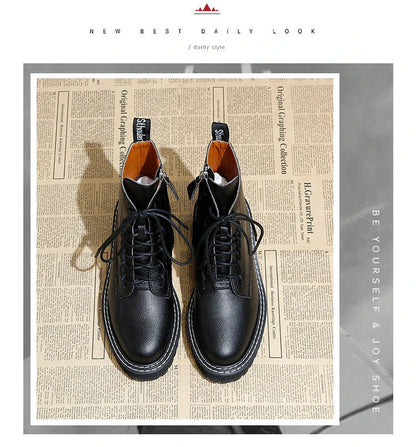 Stylish women's platform locomotive boots with leather upper and rubber sole, in black and cotton black colors