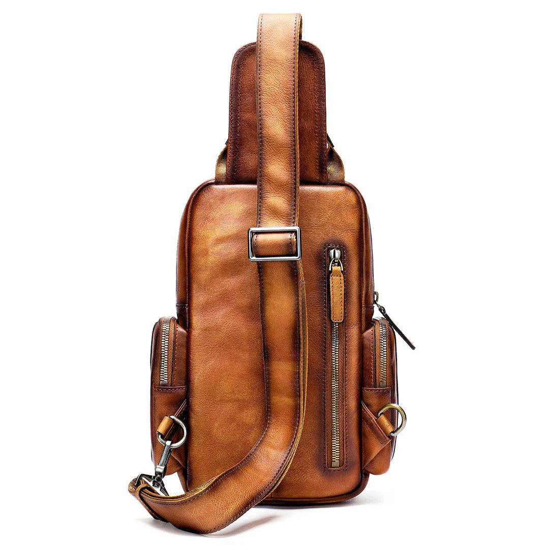 Rugged, premium leather chest bag with polyester cotton lining, designed for the active Kiwi lifestyle