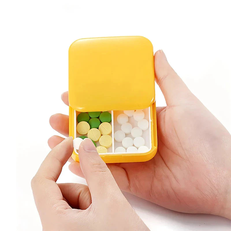 A compact, push-pull pill organiser in a vibrant green colour with cartoon-inspired design