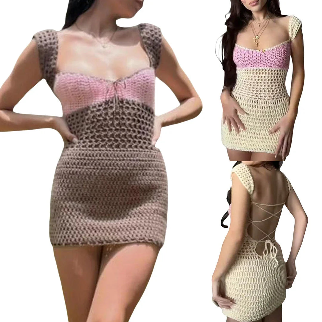 Stylish knitted dress with lace-up detail, available in blue, pink, and brown colors