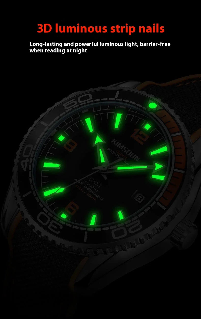 Stylish silver mechanical watch with luminous hands and indices, transparent bottom, and orange accent circle