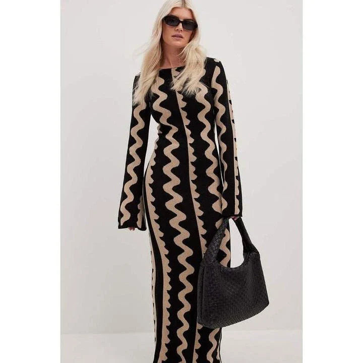 Elegant striped knit midi dress with O-neck design, featuring a flattering slim fit and comfortable ankle-length cut for the modern Kiwi woman.