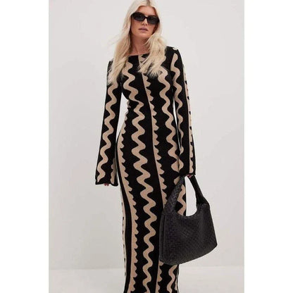 Elegant striped knit midi dress with O-neck design, featuring a flattering slim fit and comfortable ankle-length cut for the modern Kiwi woman.