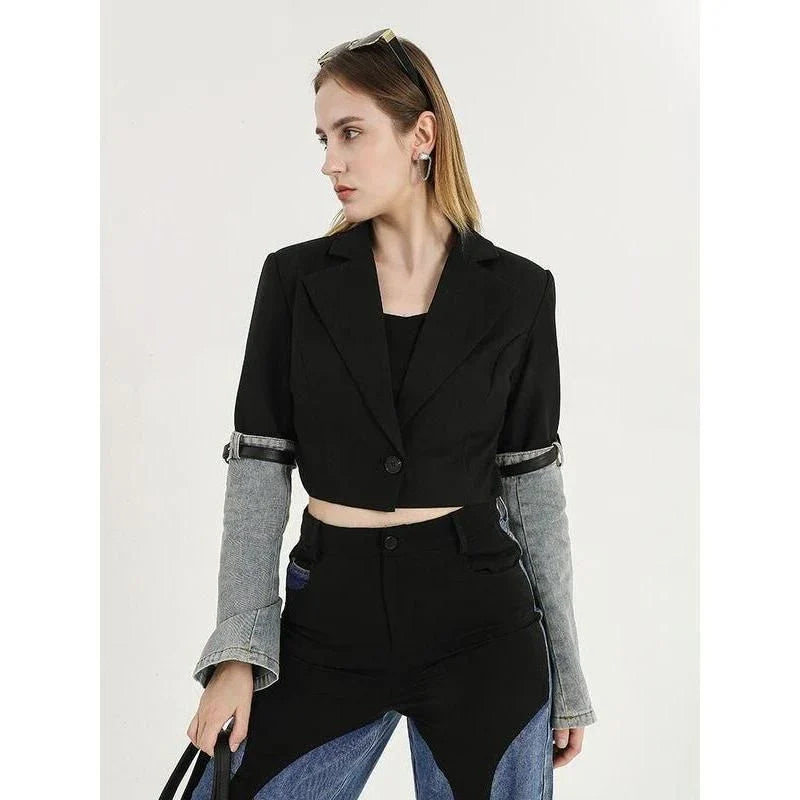 Shopfluxpro NZ Stylish Denim Patchwork Blazer - Autumn Essential for Kiwi Fashionistas