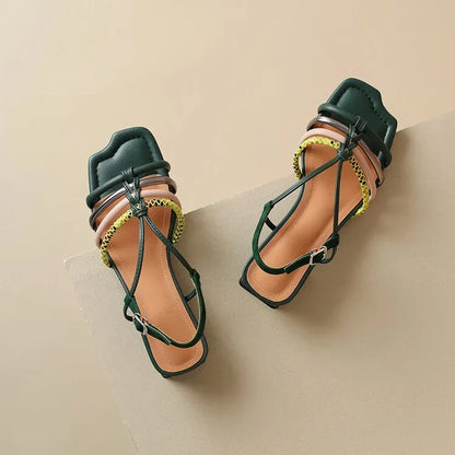 Vibrant Roman-inspired sandals with chunky heel, showcasing a stylish and comfortable summer footwear option