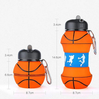 Foldable, leak-proof silica gel water bottle in orange, white/black, and green colors, designed for active Kiwi kids