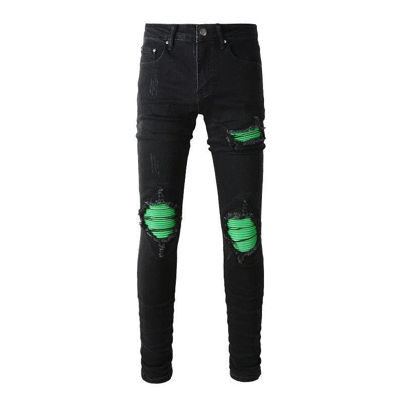 Men's Black Ripped Jeans with Green Patchwork Sustainable Fashion Design