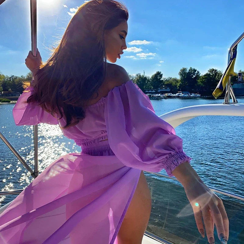 Versatile Long Sleeve Beach Dress in solid colors, featuring an irregular skirt and high-waisted silhouette for a flattering Kiwi-inspired look