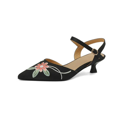 Embroidered pointed toe summer sandals with spike heel and adjustable buckle strap, perfect for Kiwi fashion