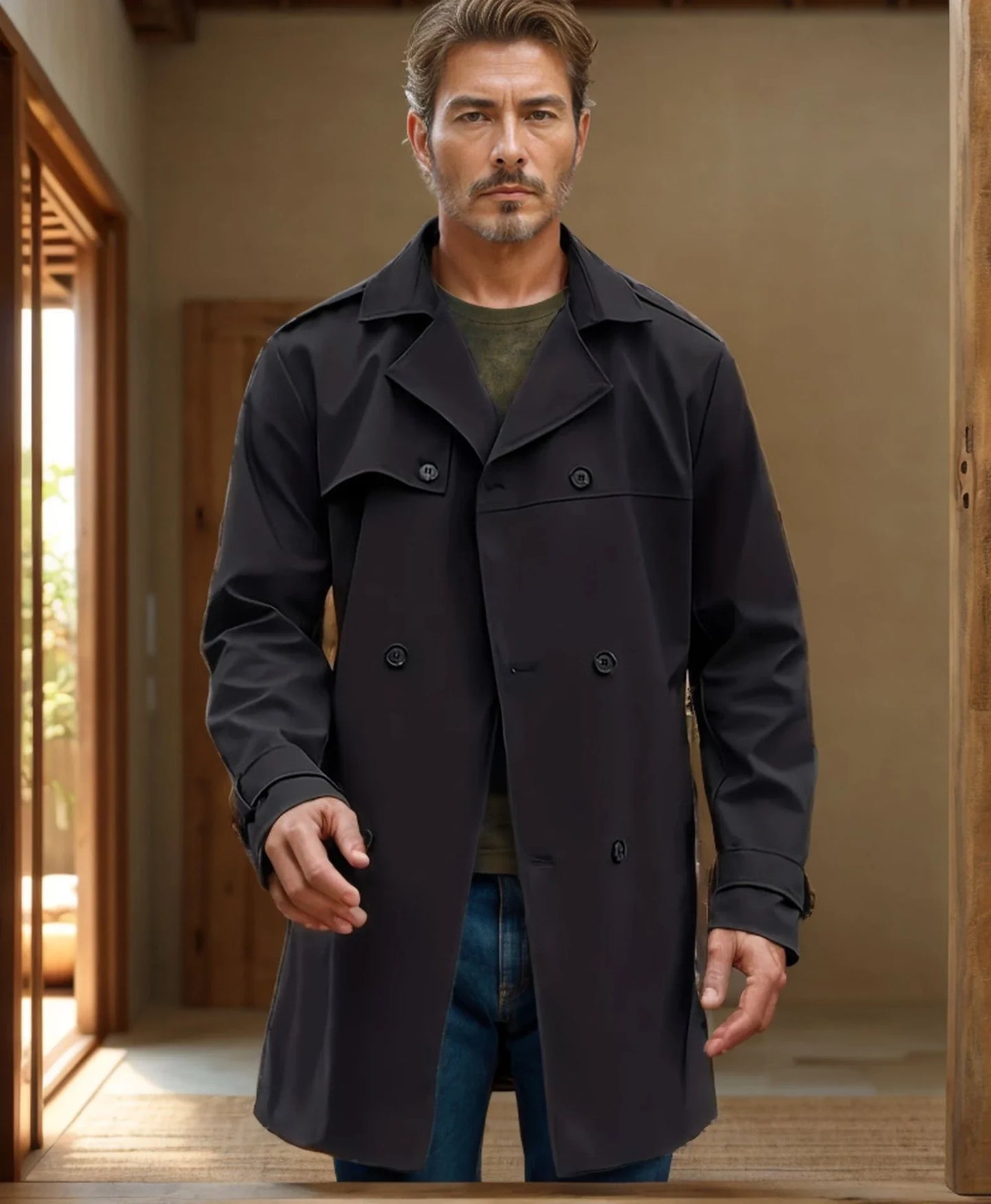 Men's Double-breasted Wool Coat in Light Gray, Black, Khaki, and Dark Brown Colors