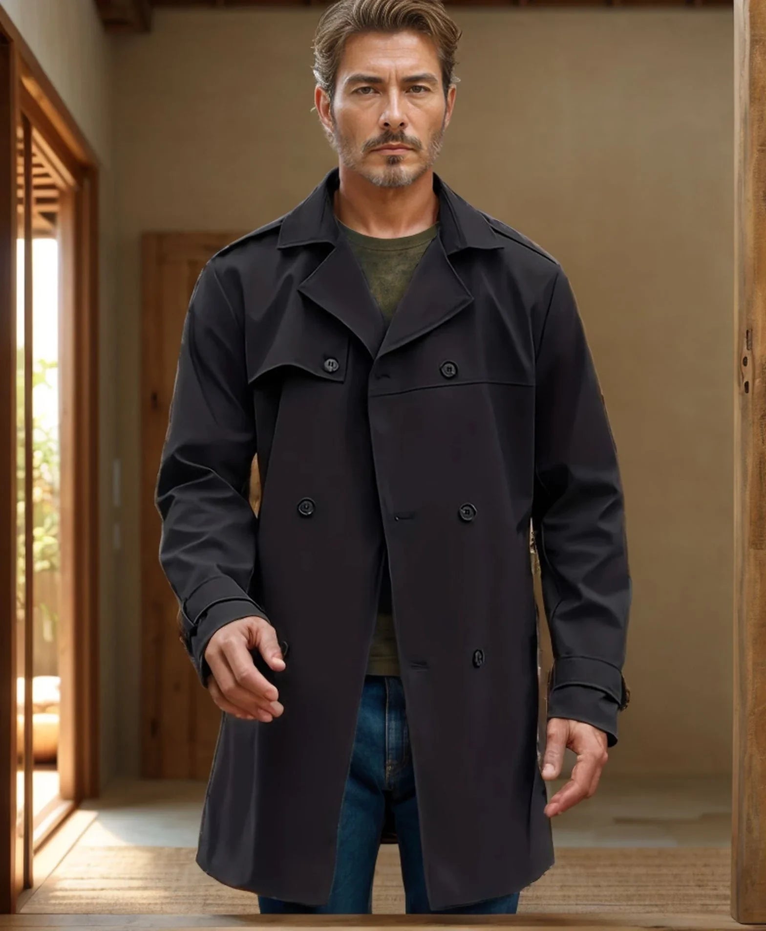 Men's Double-breasted Wool Coat in Light Gray, Black, Khaki, and Dark Brown Colors