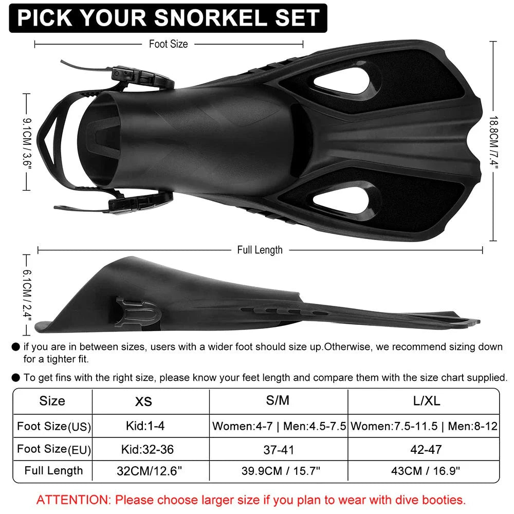 Adjustable Travel Snorkel Fins in different colours, designed for comfort, performance, and versatility in the water.