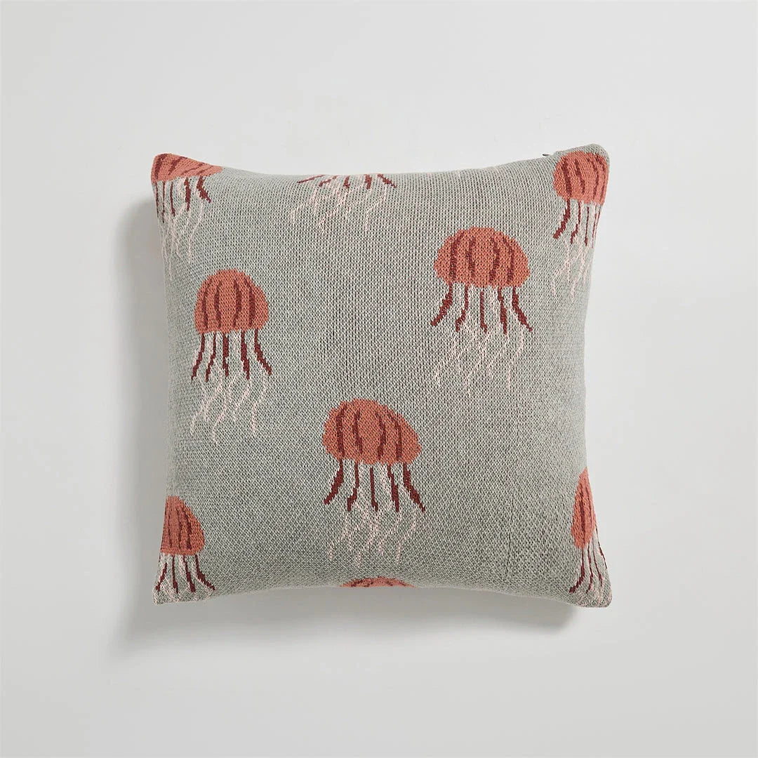 Elegant jellyfish-patterned knit cotton cushion cover in gray and green colours