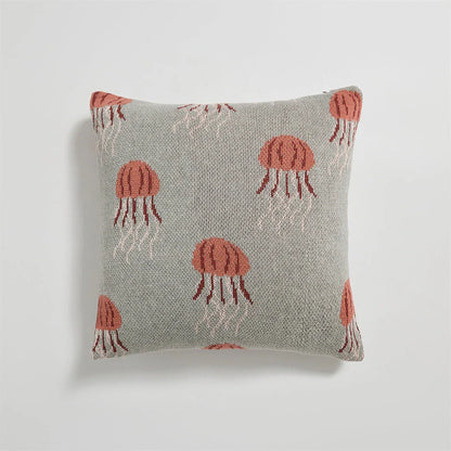 Elegant jellyfish-patterned knit cotton cushion cover in gray and green colours