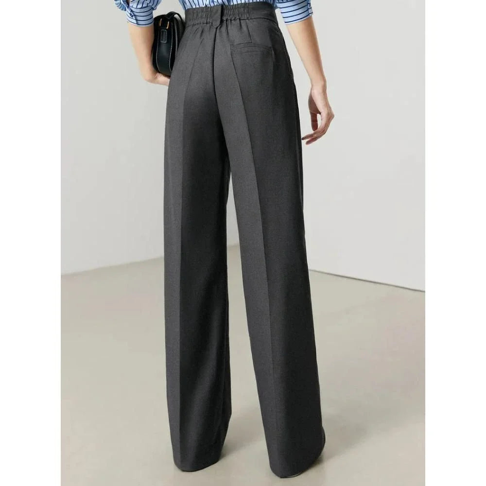 Versatile high-waist wide-leg grey trousers for Kiwi women, offering a chic and comfortable design.
