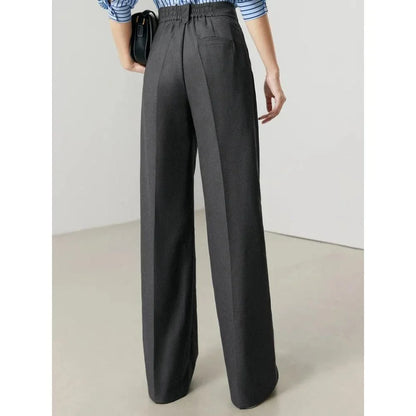 Versatile high-waist wide-leg grey trousers for Kiwi women, offering a chic and comfortable design.