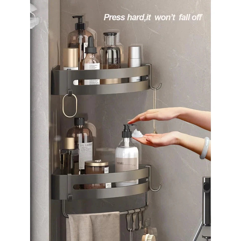 Adhesive Bathroom Shampoo Holder with dual-tier shelves in sleek grey aluminium alloy