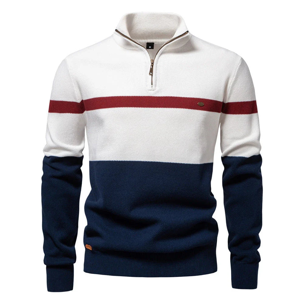 A stylish, slim-fit sweater in a modern colour-blocking design of Lake Green, White, and Grey, made with premium cotton for exceptional comfort and New Zealand casual style.