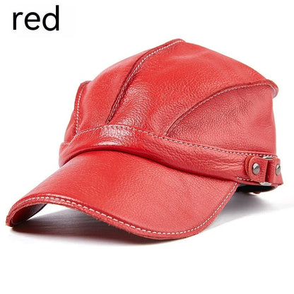 Leather baseball cap with earmuffs in black, red, and brown colors for men's cold weather wear