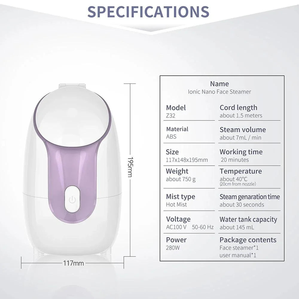 Trendha's Advanced Nano Steam Facial Sprayer with adjustable nozzle, built-in mirror, and 20-minute continuous steam for professional-grade skincare at home.