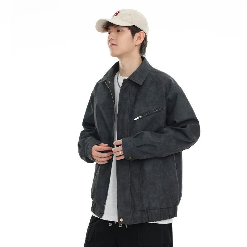 Kiwi-inspired leather jacket with a relaxed, loose fit and classic design elements