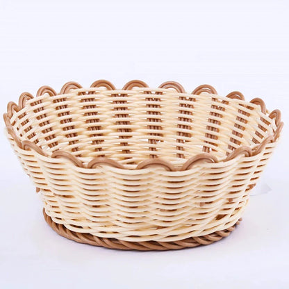 Handwoven fruit and vegetable storage basket made from eco-friendly plastic with rattan-like design and dustproof cover