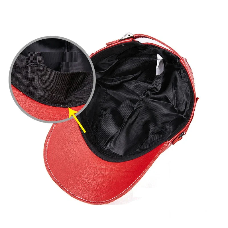Leather baseball cap with earmuffs in black, red, and brown colors for men's cold weather wear