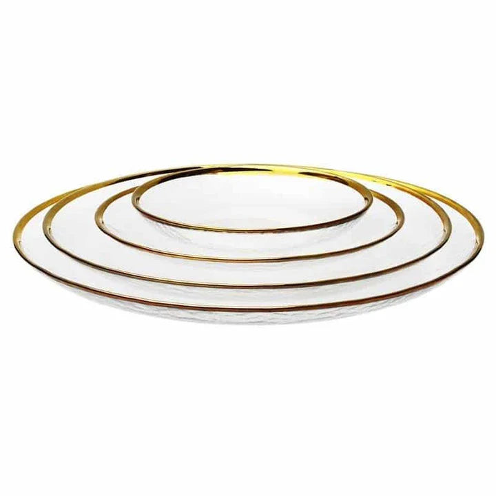 Elegant glass plates with a shimmering gold rim, perfect for formal dinners or casual meals.