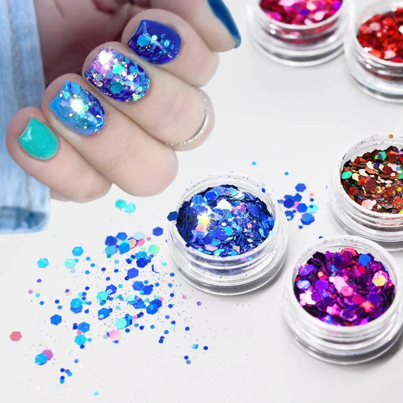 Assortment of laser holographic chunky nail glitters in various vibrant colors and sizes