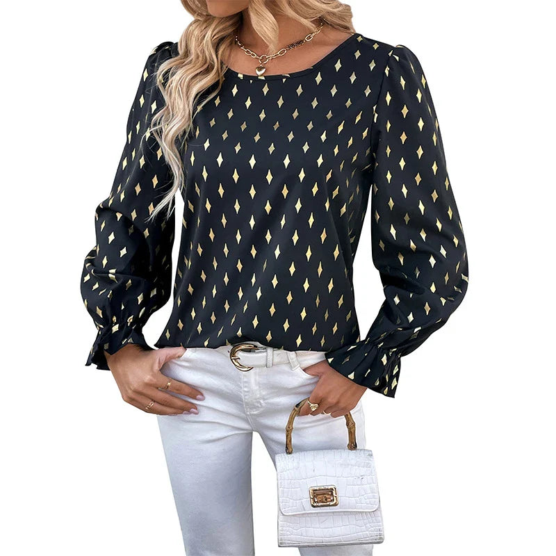 Stylish long-sleeved shirt for Kiwi women featuring a gold-plated pattern and premium polyester construction