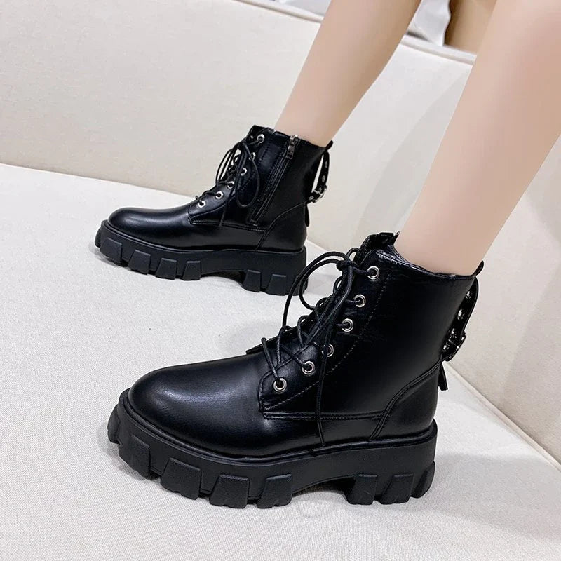 Stylish and warm artificial PU women's boots with rubber sole, front tie closure, and cotton lining for autumn and winter in New Zealand