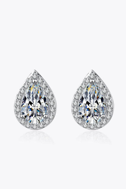 Pair of moissanite teardrop stud earrings made of 925 sterling silver with a polished finish and rhodium plating