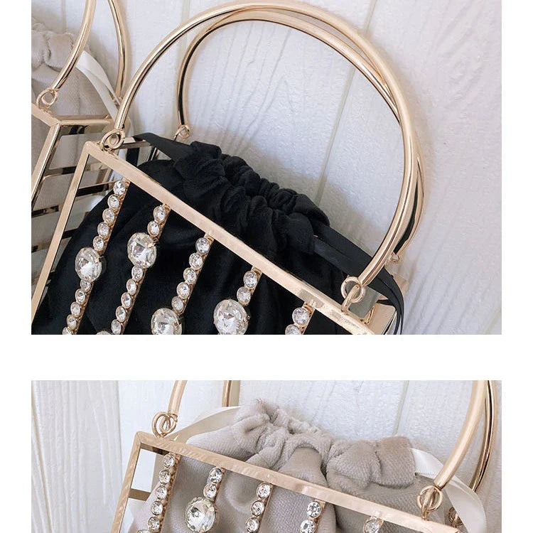 A stylish Kiwi-designed diamond-studded dinner bag with metallic accents, showcasing a range of premium features like lace, plaid, and sequins.