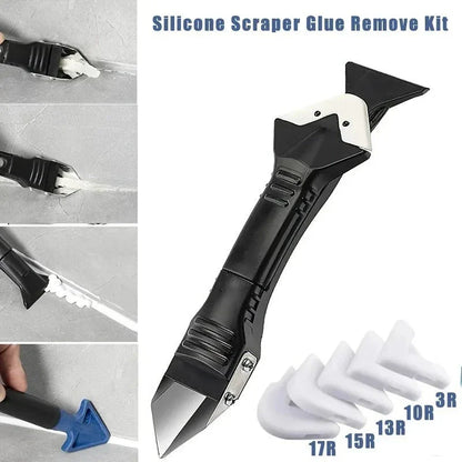 A 5-in-1 silicone sealant scraper and caulk removal tool set with interchangeable pads for precise finishes on home improvement projects.