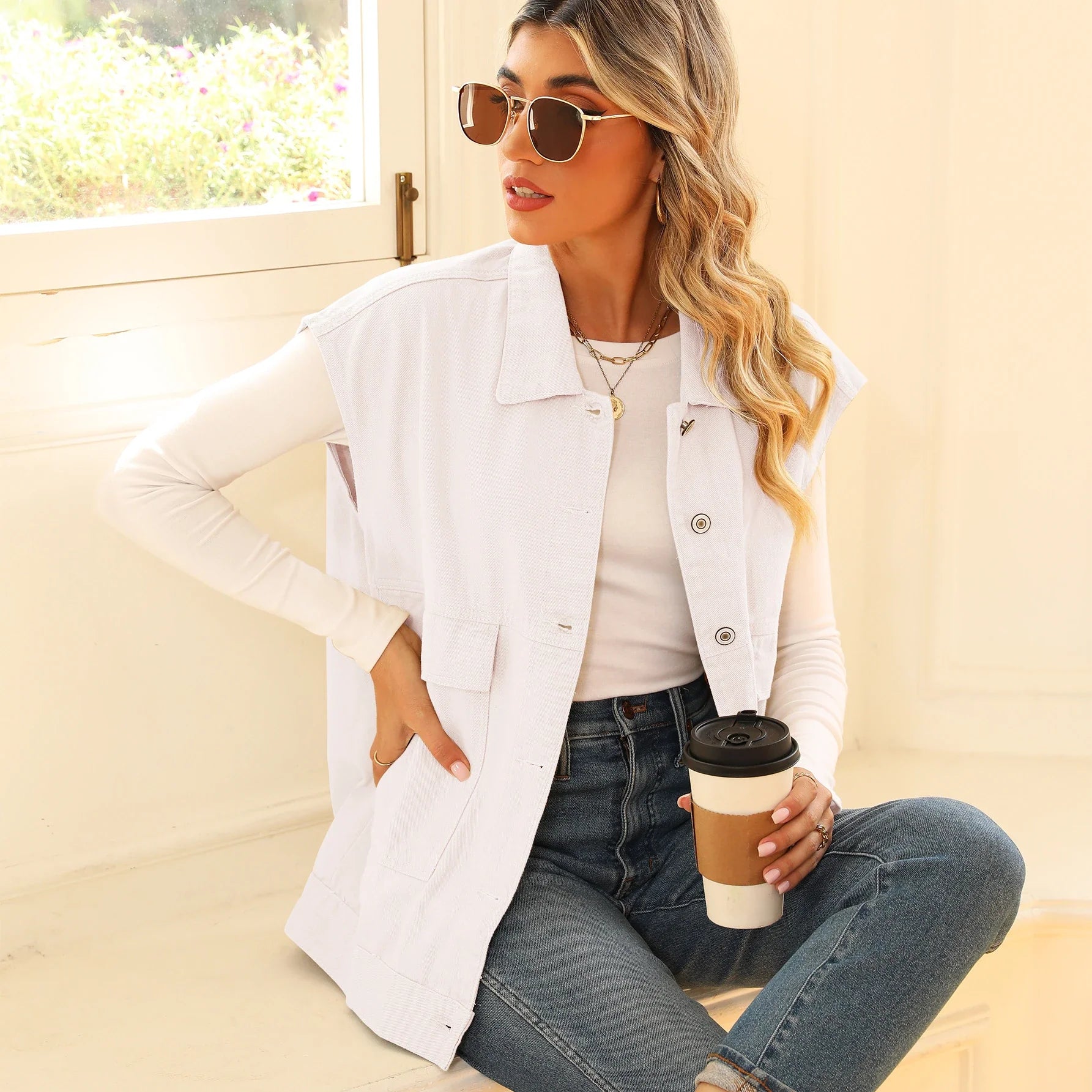 Trendha Denim Vest with Big Pockets - A stylish and functional sleeveless outwear piece for Kiwi women