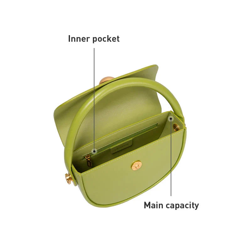 Luxury Fashion Round Handbag in Green with Crescent Shape and Ball-Inlaid Hardware