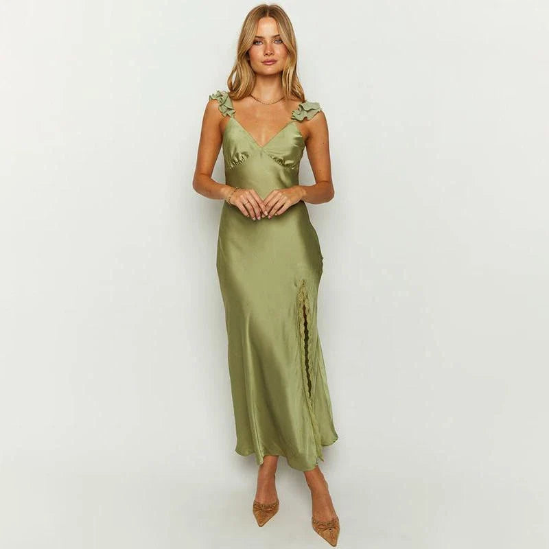 Elegant sleeveless ruffle maxi dress with backless design, perfect for formal events and parties