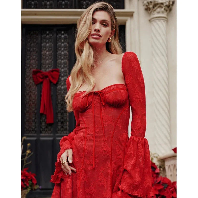 Elegant lace flare sleeve mini dress in red, featuring a flattering A-line silhouette and backless design