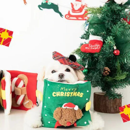 A festive red plush dog toy with a hide-and-seek design, perfect for Kiwi pups to play and discover treats